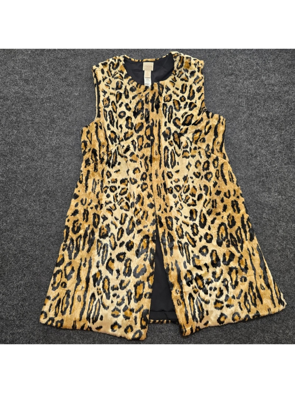 Chicos Faux Fur Leopard Print Vest Mid Length Sleeveless Animal Pattern Size 1 8